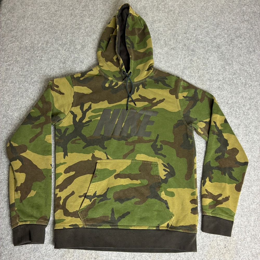 Nike Mens Small Camo Pullover Hoodie Green Woodland Camouflage Logo Sweatshirt